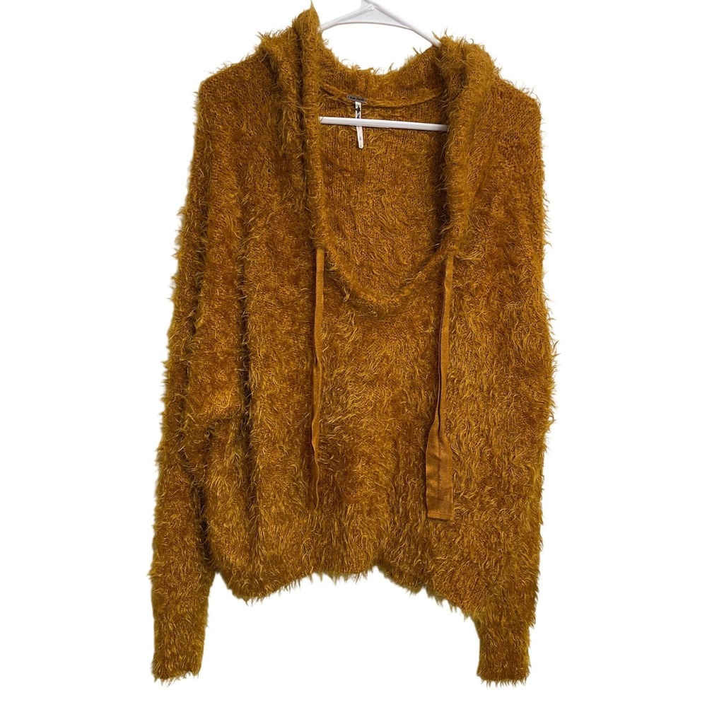 Free People Light As‎ A Feather Fuzzy Hooded Oversized Sweater Mustard Yellow S